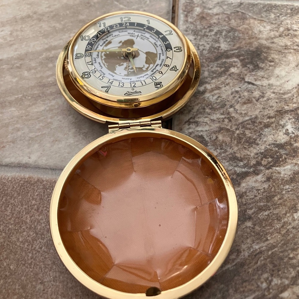 Linden Vintage World Time Travel Alarm Clock Brown Leather Case Japan Gold Tone
